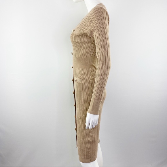 NEW Lipsy London Beige Ribbed Knit Long Sleeve Button Front Sweater Dress Size 8 - Picture 5 of 9